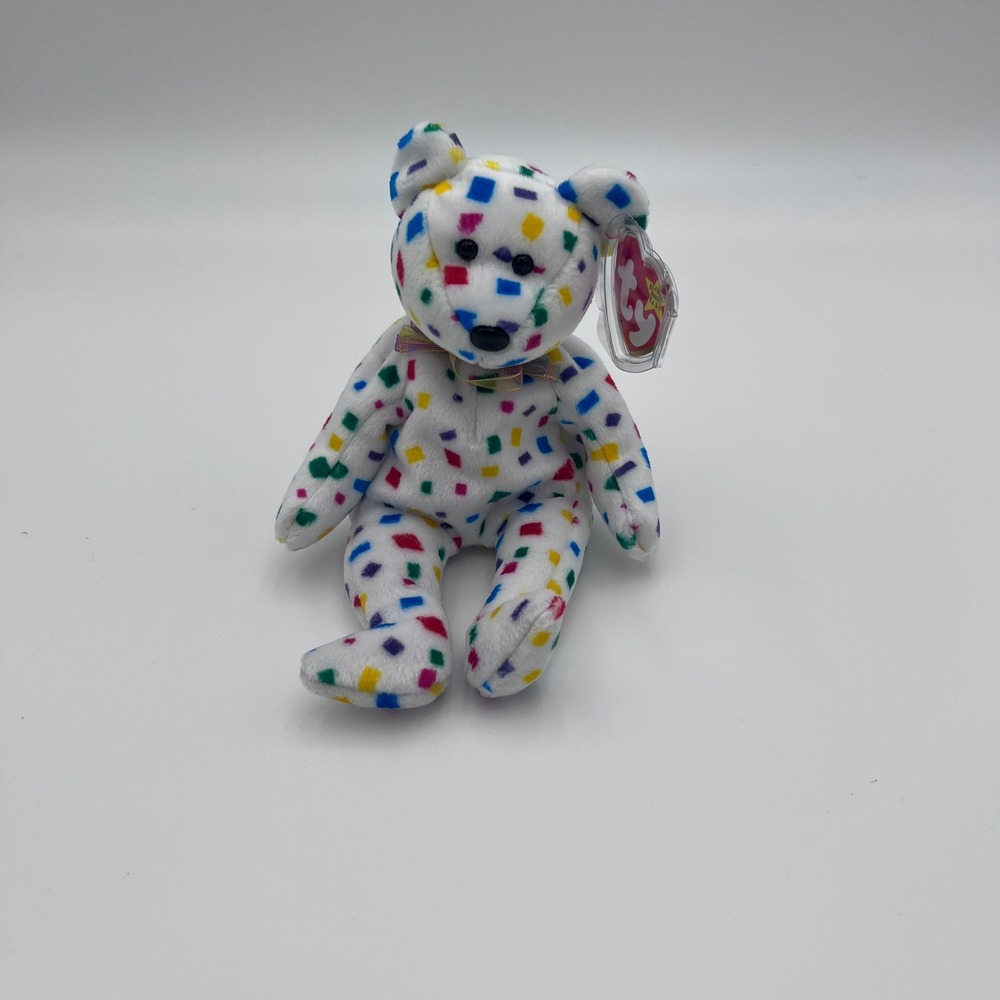 Ty Beanie Babies Groovy the Bear White Confetti Birthday Plush 1999 Vintage